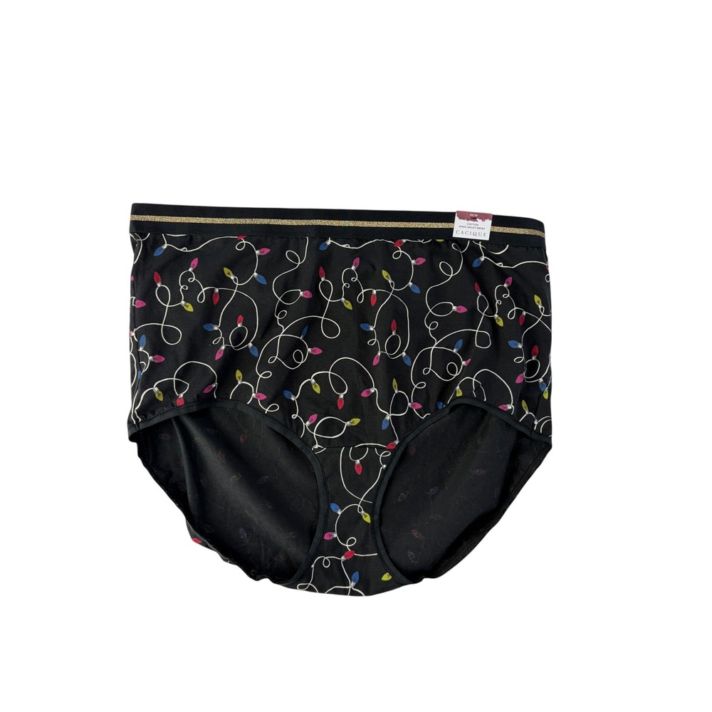 Cacique Panties Womens 26/28 Black Christmas Lights High Waist Brief Cotton NWT‎